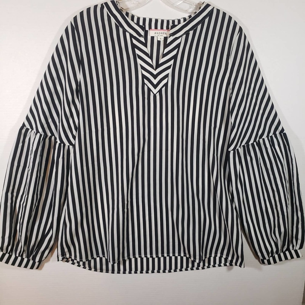 Andree by Unit Striped Balloon Sleeve Top Sz S Black White